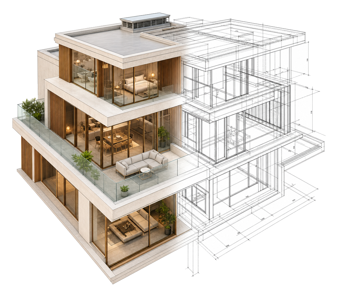 Sol üst bakışlı modern bina: yarı fotogerçekçi render, yarı mimari çizim